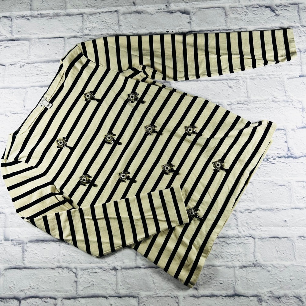 J Crew Womens Medium Tan Black Striped Jeweled Beaded Embellished Knit Top